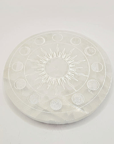 Selenite Charging Plates with Chakra Symbol Etching