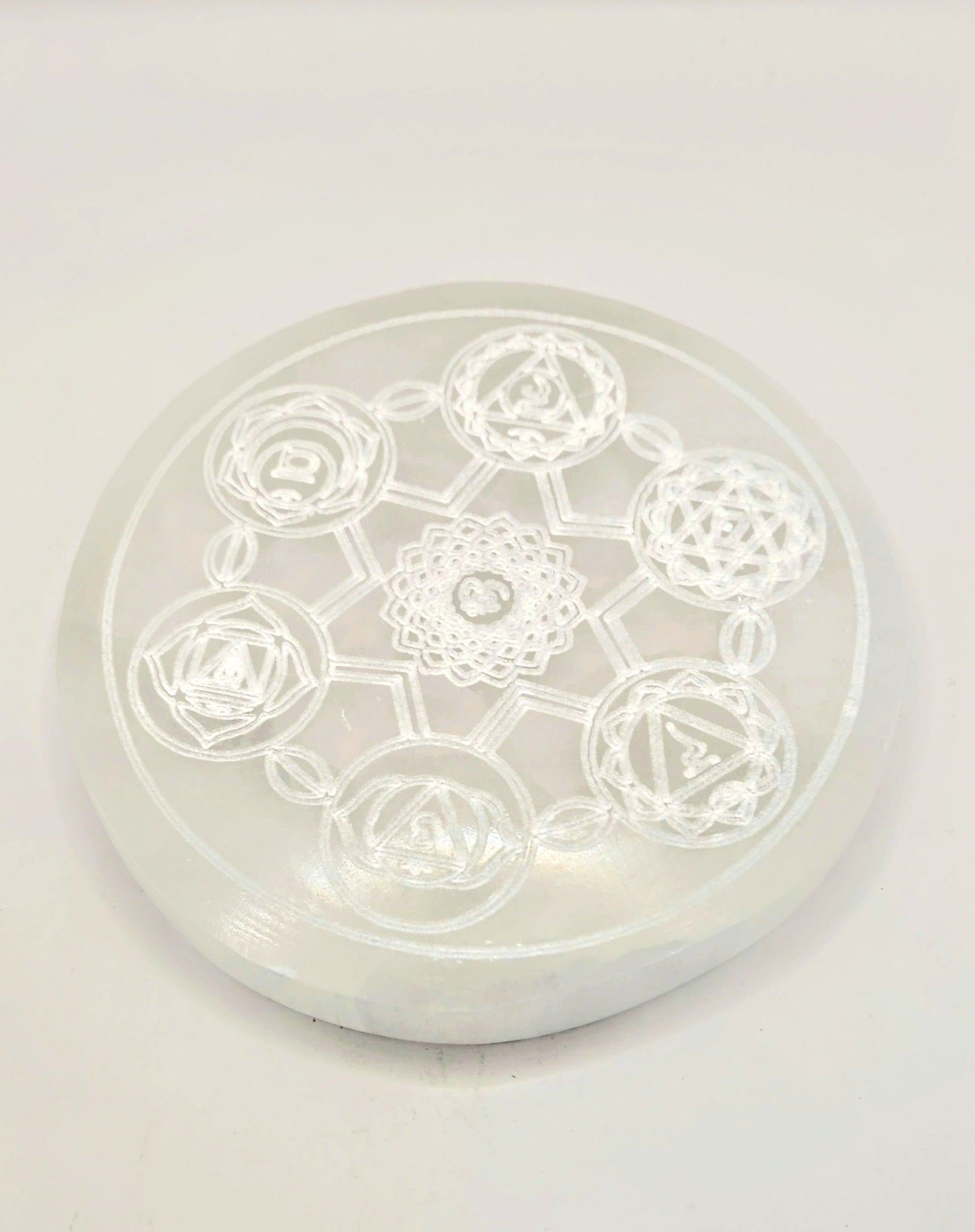 Selenite Charging Plates with Chakra Symbol Etching