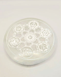 Selenite Charging Plates with Chakra Symbol Etching