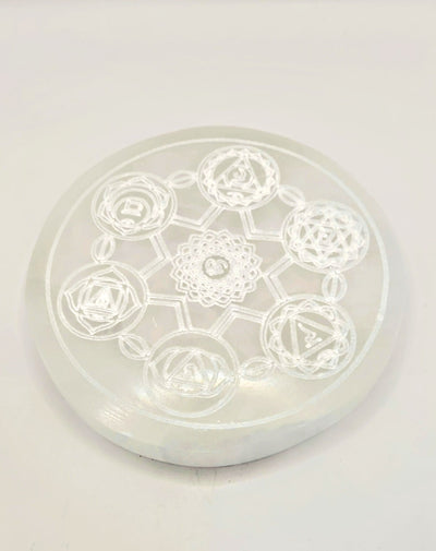 Selenite Charging Plates with Chakra Symbol Etching